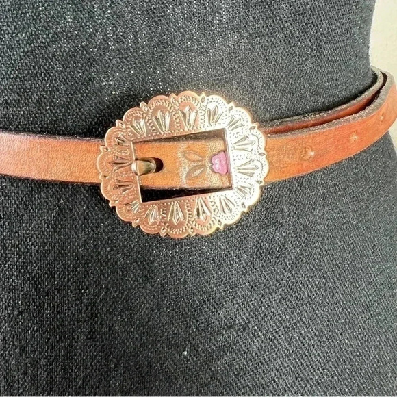 Saddle Brown Leather Skinny Women’s Belt with Copper Tone Carved Buckle - Picture 2 of 13